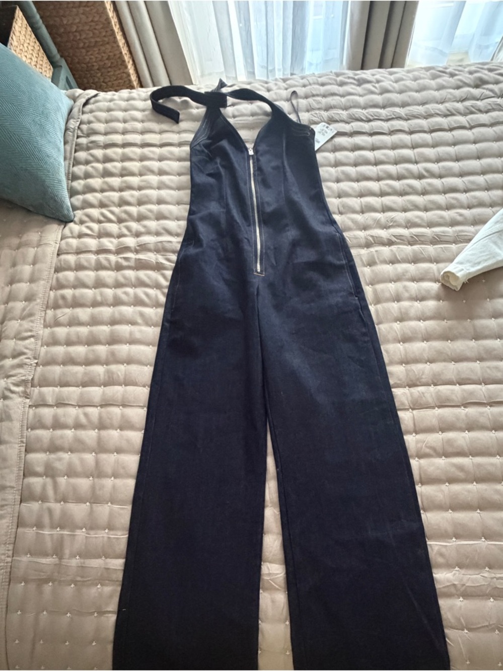 Zara Black Halter Denim Overalls with Front Zip